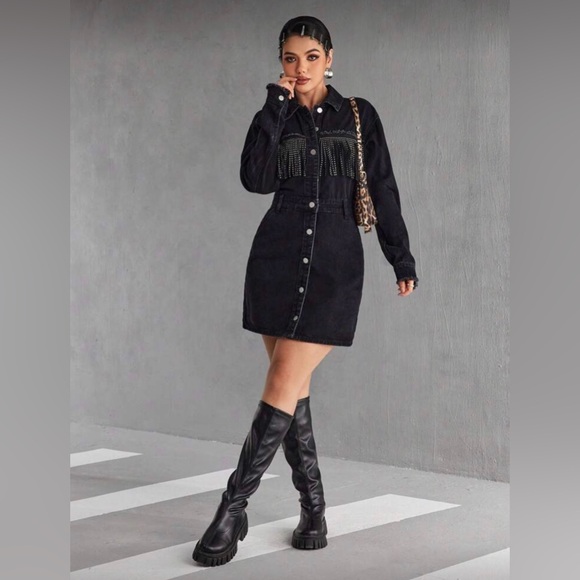 SHEIN Black Denim Mini Dress with Fringe Detail - Picture 4 of 5